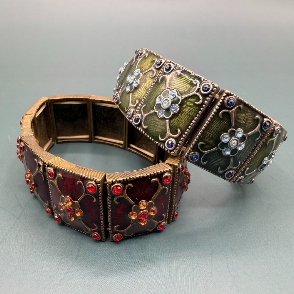 Enamel Rhinestone Stretch Bracelet Lot of 2 Floral Panel Boho Vintage Style